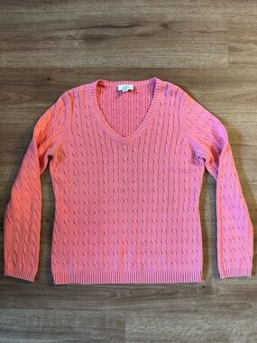 LOFT Coral-Pink Cable Knit V-Neck Sweater